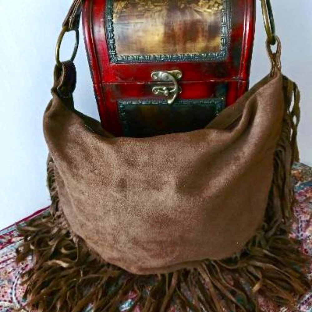 SABINA NEW YORK Suede Handbag with Suede Fringe and Hobo Leather Strap
